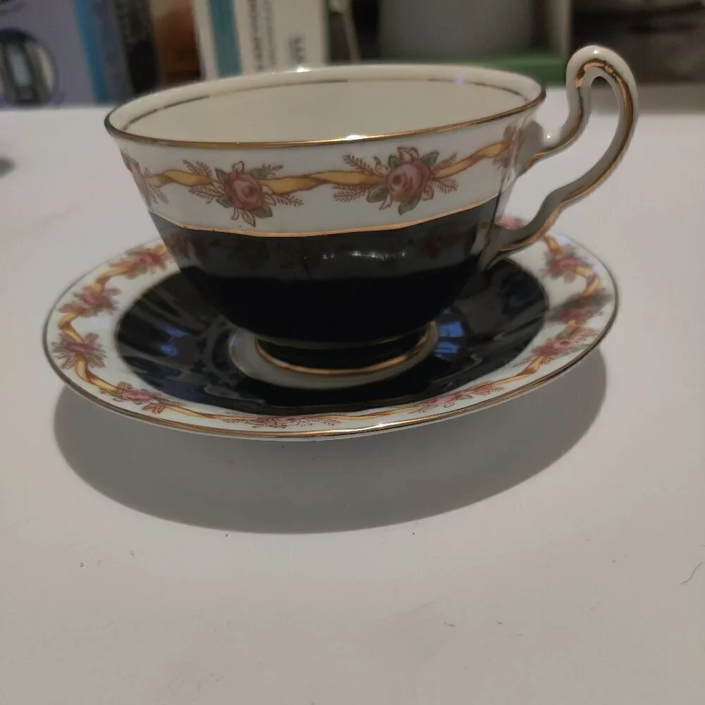 Adderley Teacup Made in England, Black With Ribbon of Florals & Gold, Excellent